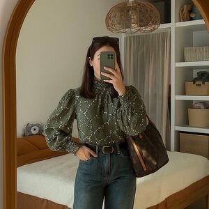 BA&SH Mocean Top Long Sleeve High Neck Green Marbled Abstract Print Blouse